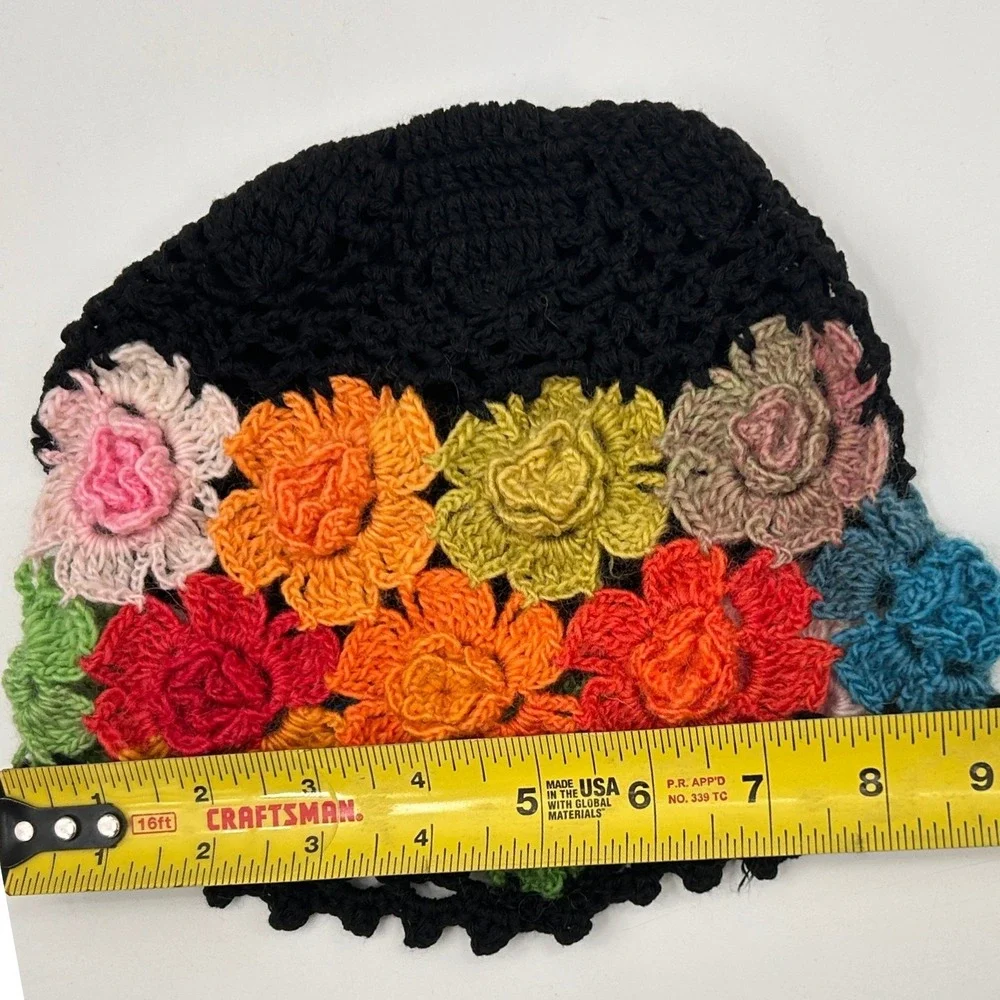 Handmade Crochet Floral Beanie Black Multicolor Boho 3D Flower Skull‎ Cap Hat